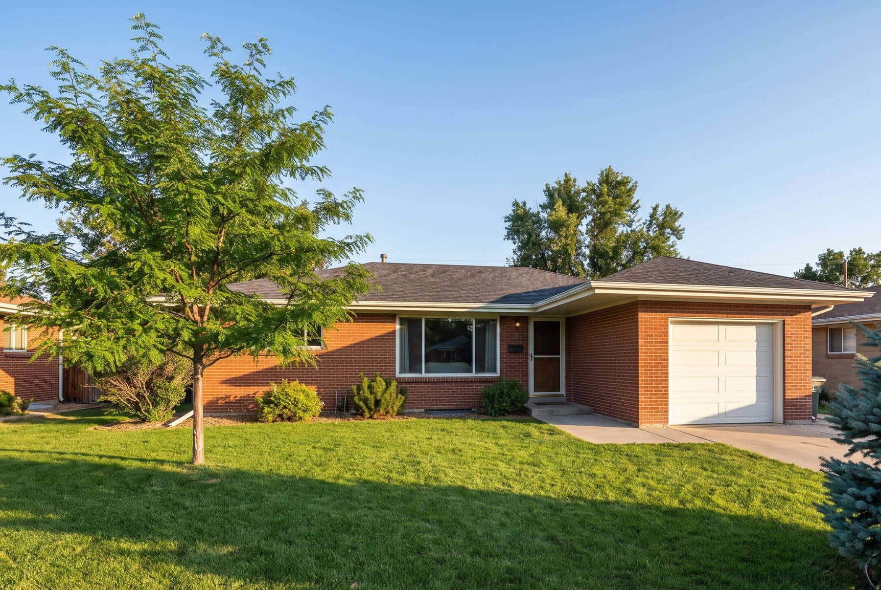 Red-brick ranch with a picture window on a tree-lined street, Harvey Park, Denver